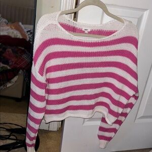 Aerie Pink and White Striped Crew Neck Sweater